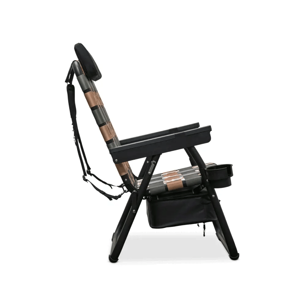 Side view of the PARKIT × Free Fly Eclipse Recliner in Vintage Camo pattern a folding beach and camping chair engineered with a 3-in-1 design featuring backpack carry straps, built-in cooler, and cup holder. Crafted from aerospace-grade aluminum for rugged performance, comfort, and durability, it’s the ultimate outdoor chair for anglers, campers, and adventure seekers.