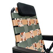 Close-up of the PARKIT × Free Fly Eclipse Recliner in Vintage Camo pattern, showing woven webbing detail and padded headrest. The best folding outdoor chair for dads, moms, campers, and beachgoers, built for comfort, durability, and timeless style with a rugged camo design that fits everywhere from backyard hangs to weekend adventures.