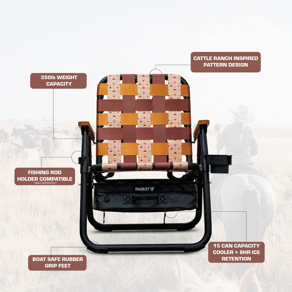 PARKIT folding chair with cowboy-inspired patterned seat and text highlighting features on a white background