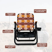PARKIT folding chair with cowboy-inspired patterned seat and text highlighting features on a white background