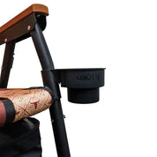Cup holder attached to a chair with 'PARKIT' branding on a white background