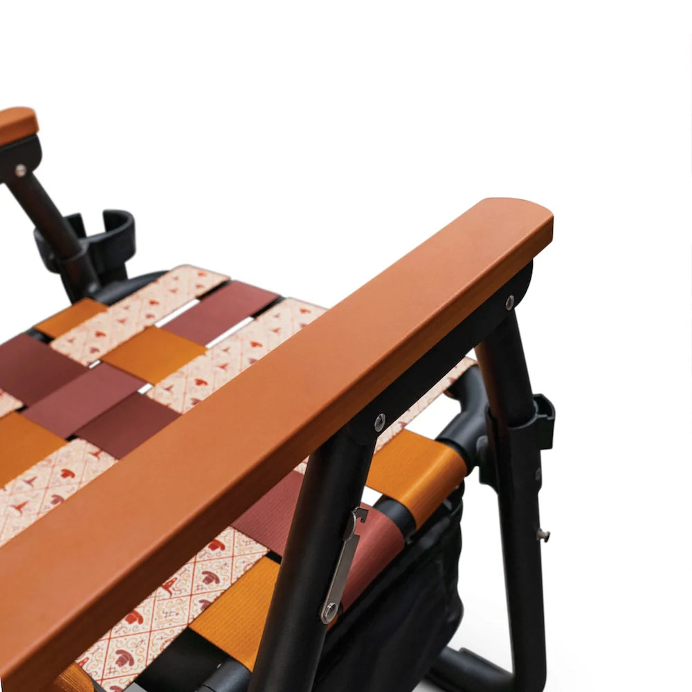 Wooden Armrest with woven chair design in the background on a white background