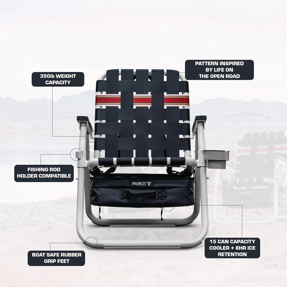 Folding chair with features highlighted on a white background