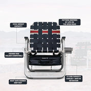 Folding chair with features highlighted on a white background