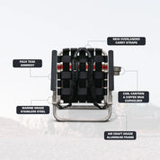 Backpack with labeled features on a white background